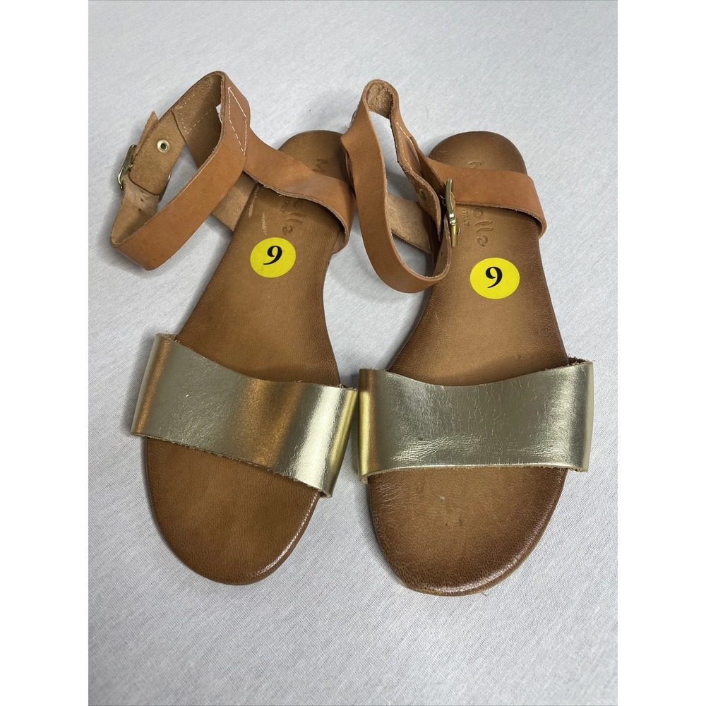 Mariella Flat Sandals Womens Size 9 Tan Gold Leather Italy Ankle Strap Boho Chic
